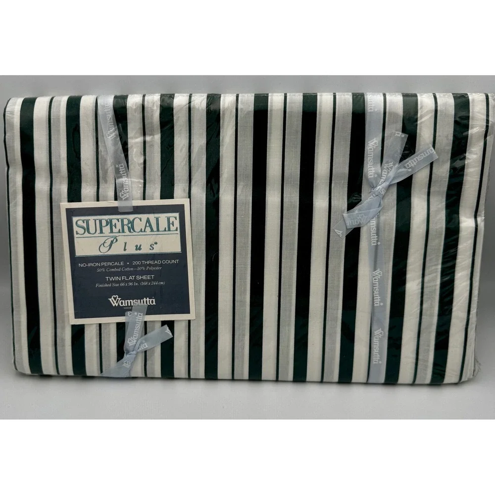Vintage Wamsutta Supercale Plus Twin Flat Sheet Hunter Green Stripe New Sealed